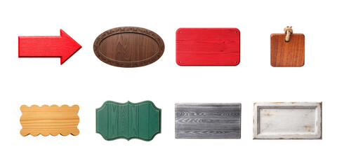 Collection of eight distressed wooden signs arrows and rustic planks for game or western design elements on transparent background