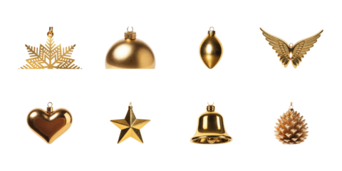 Collection of eight opulent golden Christmas ornaments featuring a crown heart star bell and pinecone on transparent background