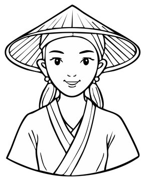 Smiling young woman wearing a traditional Asian conical hat line art coloring page illustration