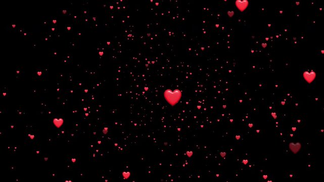 Romantic red heart particles floating toward viewer on black background for Valentine's Day celebrations, wedding video transitions, and creative love story motion graphics.
