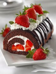Delicious chocolate roll cake features a creamy filling with strawberries, topped with whipped cream and mint, beautifully arranged on a white plate with a rustic backdrop