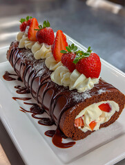 Delicious chocolate roll cake features a creamy filling with strawberries, topped with whipped cream and mint, beautifully arranged on a white plate with a rustic backdrop