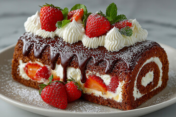 Delicious chocolate roll cake features a creamy filling with strawberries, topped with whipped cream and mint, beautifully arranged on a white plate with a rustic backdrop