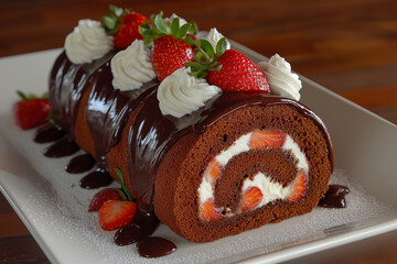 Delicious chocolate roll cake features a creamy filling with strawberries, topped with whipped cream and mint, beautifully arranged on a white plate with a rustic backdrop