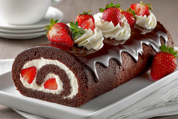 Delicious chocolate roll cake features a creamy filling with strawberries, topped with whipped cream and mint, beautifully arranged on a white plate with a rustic backdrop