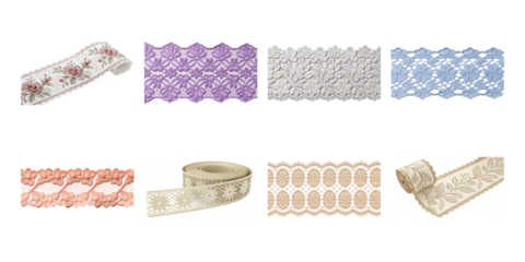 Collection of assorted decorative lace trims ribbons and fabric edgings in various colors like pink purple white and blue on transparent background