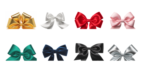 Collection of eight elegant satin and metallic decorative gift wrapping bows in assorted vibrant colors on transparent background