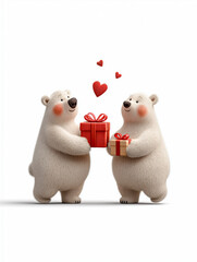 Cartoon bears happily sharing vibrant gift boxes, surrounded by hearts, embodying themes of love and friendship in a playful and whimsical illustration