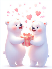 Cartoon bears happily sharing vibrant gift boxes, surrounded by hearts, embodying themes of love and friendship in a playful and whimsical illustration