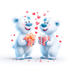 Cartoon bears happily sharing vibrant gift boxes, surrounded by hearts, embodying themes of love and friendship in a playful and whimsical illustration