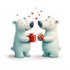 Cartoon bears happily sharing vibrant gift boxes, surrounded by hearts, embodying themes of love and friendship in a playful and whimsical illustration