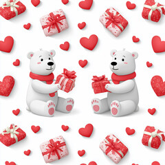 Cartoon bears happily sharing vibrant gift boxes, surrounded by hearts, embodying themes of love and friendship in a playful and whimsical illustration