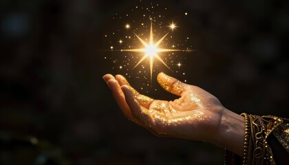 Hand Releasing Glowing Star Against Dark Background in Magical Nature Setting
