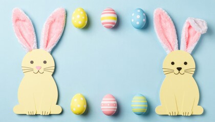Two Cute Bunny Rabbits Framed by Colorful Easter Eggs on a Light Blue Background