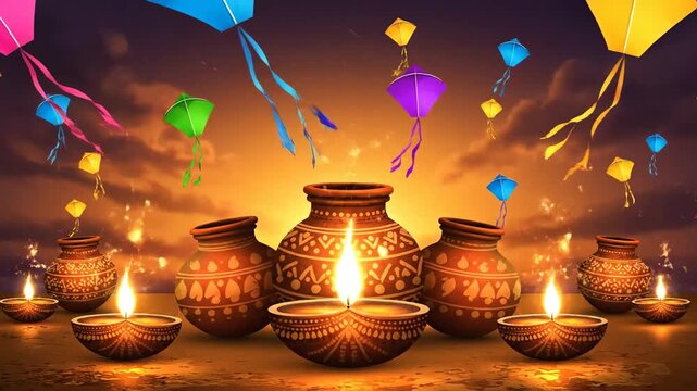 Vibrant Kites Diyas Earthen Pots Indian Festival Celebration Background