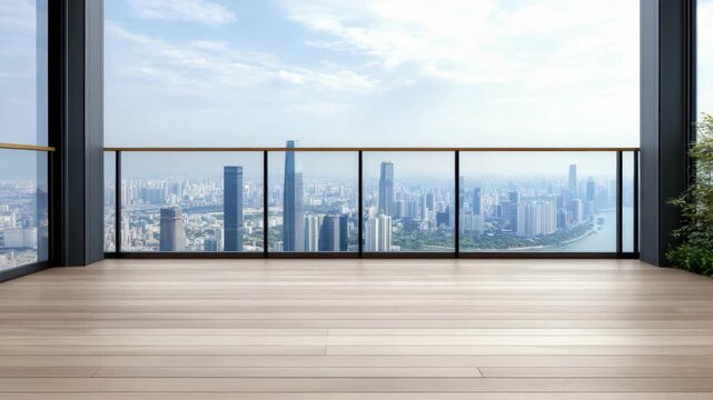 Spacious modern balcony with glass railing and wooden floor overlooking urban skyline highrise