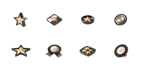 Collection of eight premium gold and black achievement badges icons representing success and ranking on transparent background