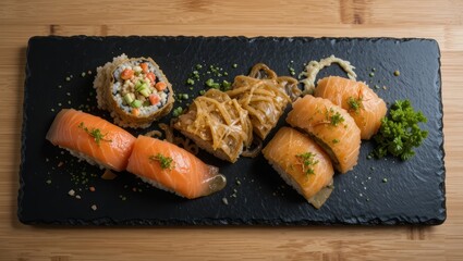Assorted Sushi Platter Featuring Salmon Sashimi and Rolled Sushi on a Slate Board