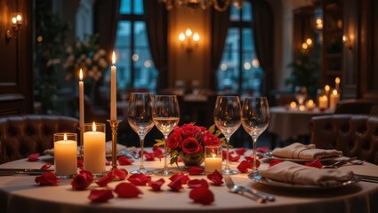 Romantic Dinner Setting with Red Roses and Candlelight in Elegant Restaurant Interior