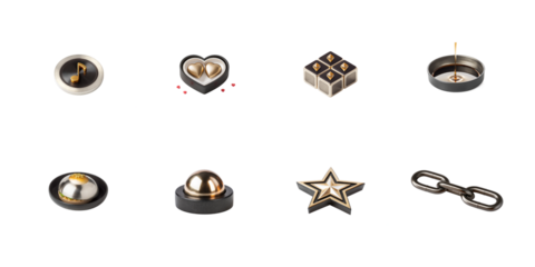 Collection of eight isometric luxury icons featuring music notes hearts chocolates pin star and chain elements on transparent background