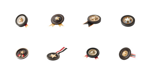 Collection of eight shiny dark victory achievement badges featuring gold stars and patriotic ribbons on transparent background