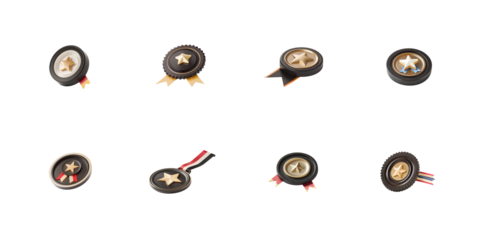 Collection of eight shiny dark victory achievement badges featuring gold stars and patriotic ribbons on transparent background