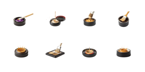 Collection of cosmetic makeup application tools and product containers showing liquid foundation texture and purple pigment on transparent background