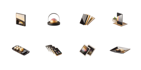 Collection of isometric icons depicting modern aesthetic objects like electronics food and decorative items on transparent background