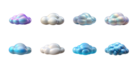 Set of eight iridescent and glossy 3d stylized clouds in various pastel colors floating on transparent background