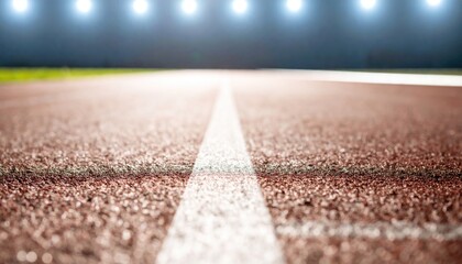 Close-up of a running track with a white line under stadium lights.