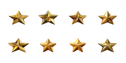 Obraz premium A set of eight realistic three dimensional shiny golden five point stars isolated and ready for design use on transparent background