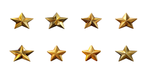 A set of eight realistic three dimensional shiny golden five point stars isolated and ready for design use on transparent background