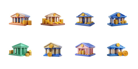 Collection of eight colorful 3d isometric bank and money icons set for financial app design on transparent background