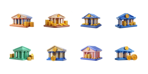 Collection of eight colorful 3d isometric bank and money icons set for financial app design on transparent background