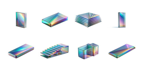 Collection of eight holographic isometric geometric shapes displaying vibrant iridescent light reflections on transparent background