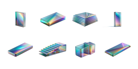 Collection of eight holographic isometric geometric shapes displaying vibrant iridescent light reflections on transparent background