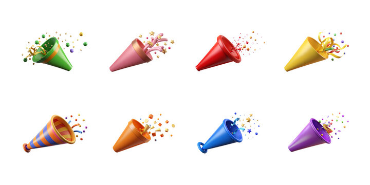Collection of eight brightly colored party poppers exploding with confetti and streamers on transparent background