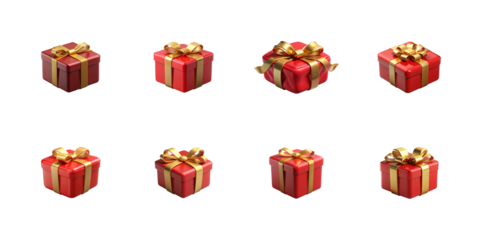 A collection of eight isometric red gift boxes with golden ribbons arranged in two rows on transparent background