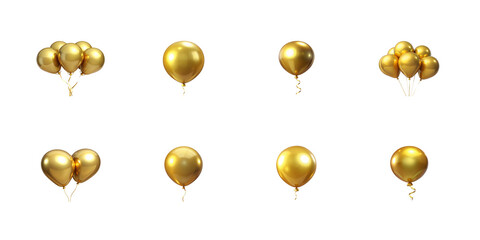 Collection of luxurious golden metallic party balloons rendered in 3d for celebrations and events on transparent background