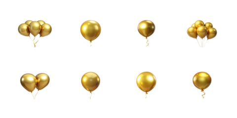 Collection of luxurious golden metallic party balloons rendered in 3d for celebrations and events on transparent background
