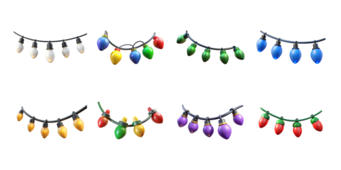 Collection of eight festive colorful string light strands perfect for holiday decoration and celebration on transparent background