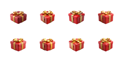 Collection of eight identical vibrant red gift boxes adorned with shiny gold ribbons and bows on transparent background