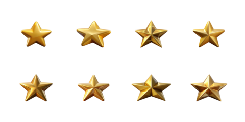 Collection of eight different sized glossy realistic golden star rating icons for awards and achievement badges on transparent background