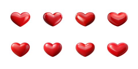 Collection of eight glossy vibrant red 3d heart icons with various slight orientations on transparent background