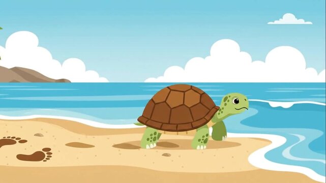 animated video of a cute turtle walking on the beach with footprints in the sand