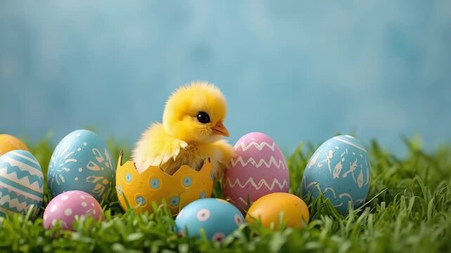 Cute yellow chick hatched from decorated egg among colorful Easter eggs and painted eggs grass