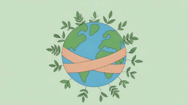 Earth bandage healing planet wrapped in bandage with leaf nature healing bandage care