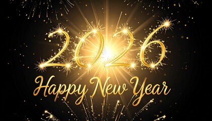 2026 Happy New Year with the number above the text, all formed by brilliant gold light on a deep black background with festive firework bursts and shining dust