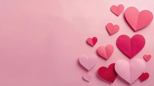 Paper heart collage pink and red tones with romantic mood and soft pink background evoking romantic