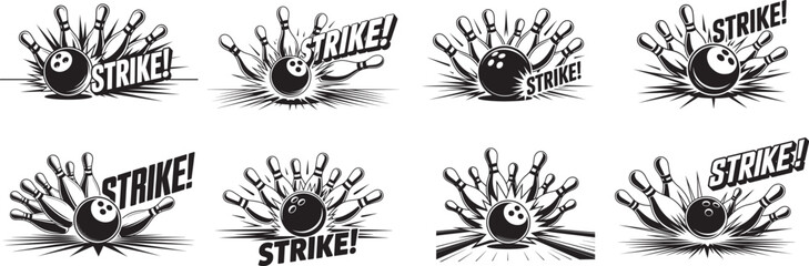 Collection of line drawing, bowling ball in mid-strike, simple linear style, Bowling ball crashing into the pins, banner vector illustration.